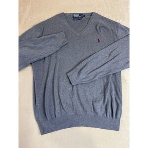 Vintage Polo Ralph Lauren V-Neck‎ Sweater Mens Large Grey Pima Cotton Pony Logo